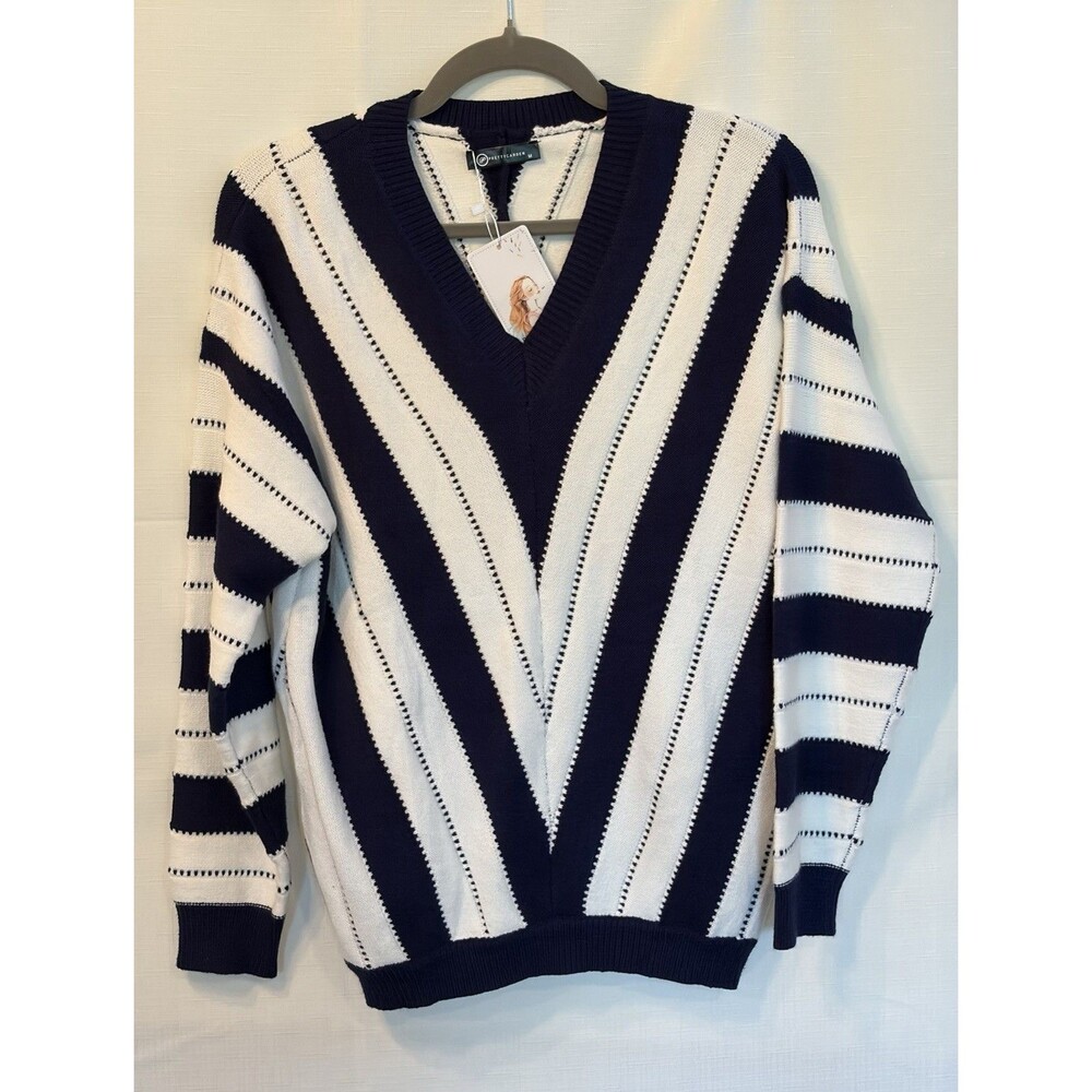 PRETTYGARDEN Navy White Striped Knit Pullover V-Neck Long Sleeve Sweater M